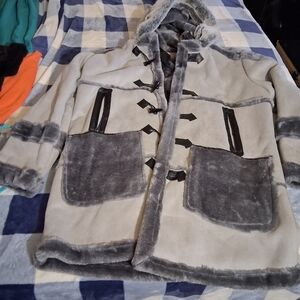 Gray Hooded Toggle Coat with Faux Fur Trim